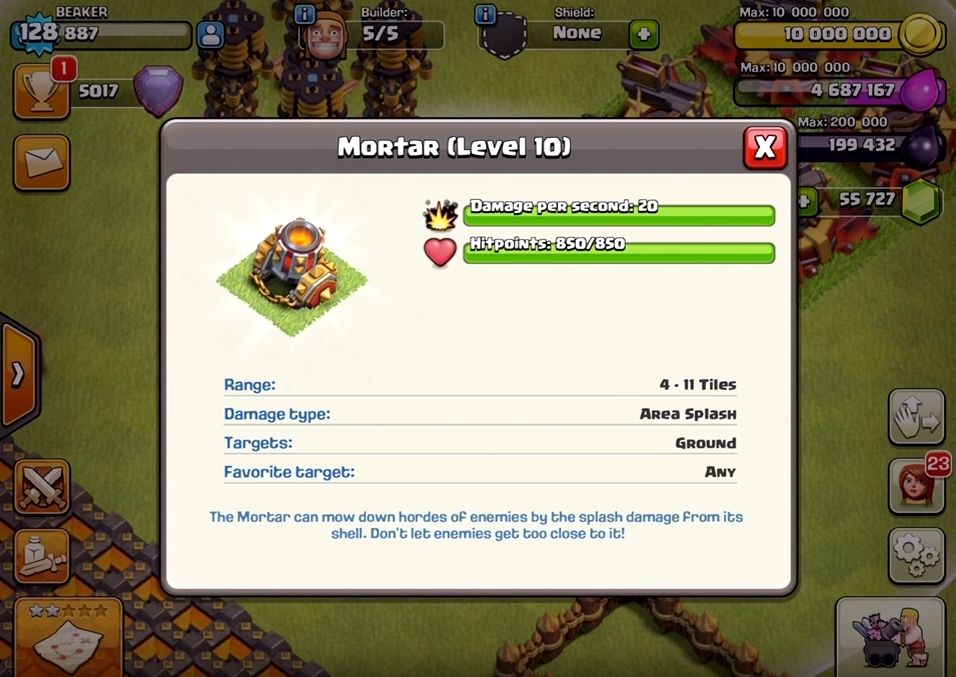 mortaio livello 10 clash of clans